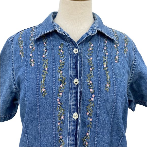Solutions Original Short Sleeve Floral Embroidery Denim Shirt Blue Cotton Top M - Picture 2 of 6
